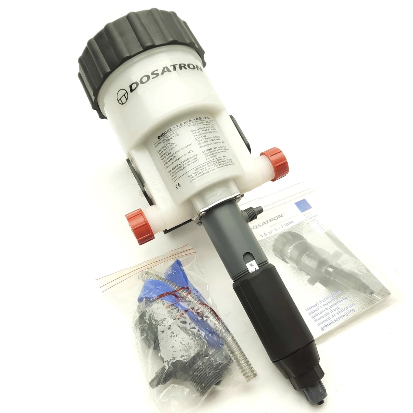 New – Open box Dosatron D400REIE PVDF Dosing Pump, 0.04 to 6.6GPM, 1:200-1:25, 0.5-5bar, 104°F