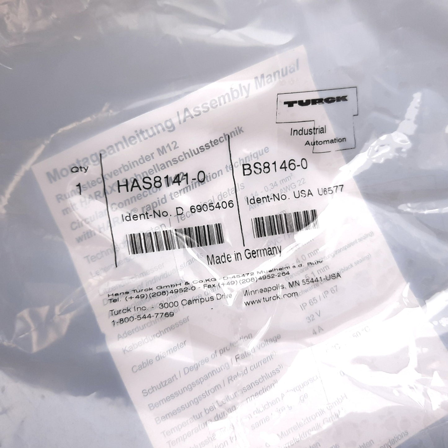 New Turck HAS8141-0 BS8146-0 Field-Wireable Connector, 4-Pin M12x1 Male