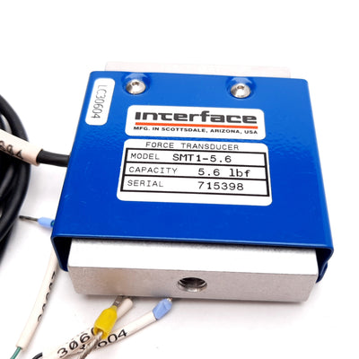 Used Interface SMT1-5.6 S-Type Load Cell Force Transducer, 15VDC, 5.6lbf, 2mV/V