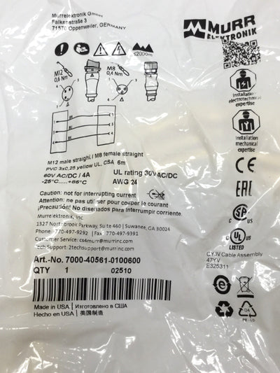 New Lot of 2 Murr 7000-40561-0100600 Sensor Cable Cordset 3-Pin M12/M8, 60V 4A, 6m