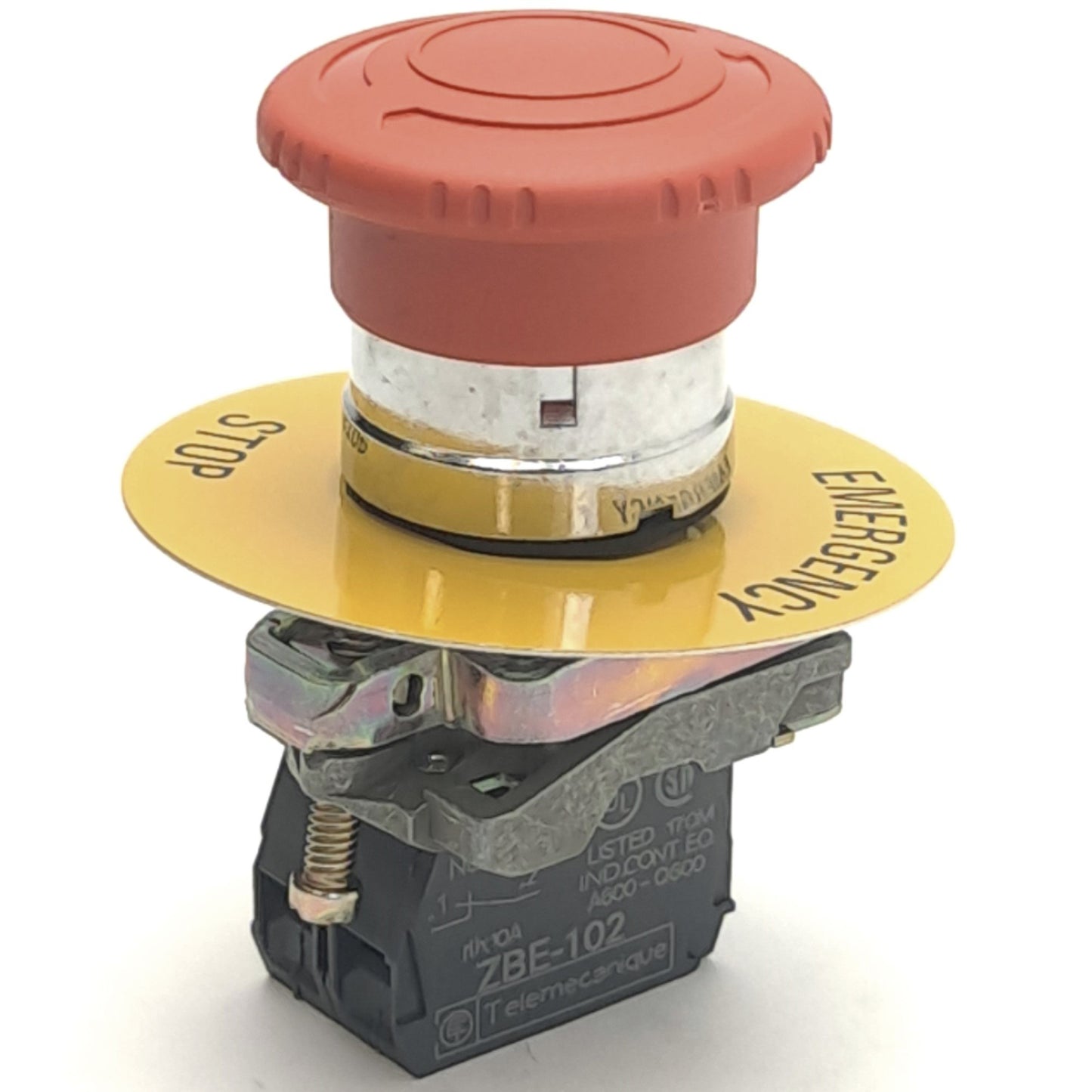 Used Red Emergency Stop Push Button Switch with Two ZBE-102 Contact Blocks, 120v, 6A