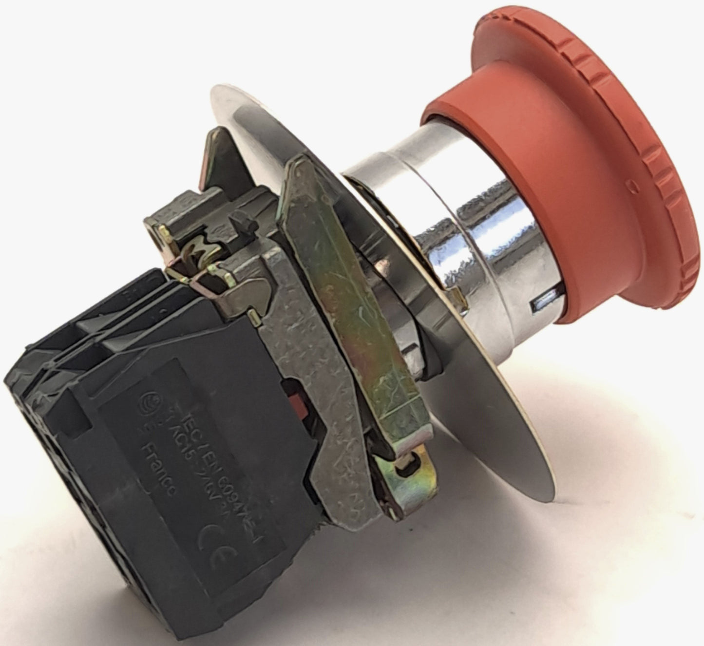 Used Red Emergency Stop Push Button Switch with Two ZBE-102 Contact Blocks, 120v, 6A