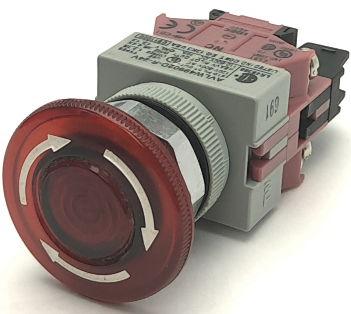 Used Idec AVLW49902D-R-24V Red LED Pushbutton, 24V AC/DC, 2NC 10A Contact Block