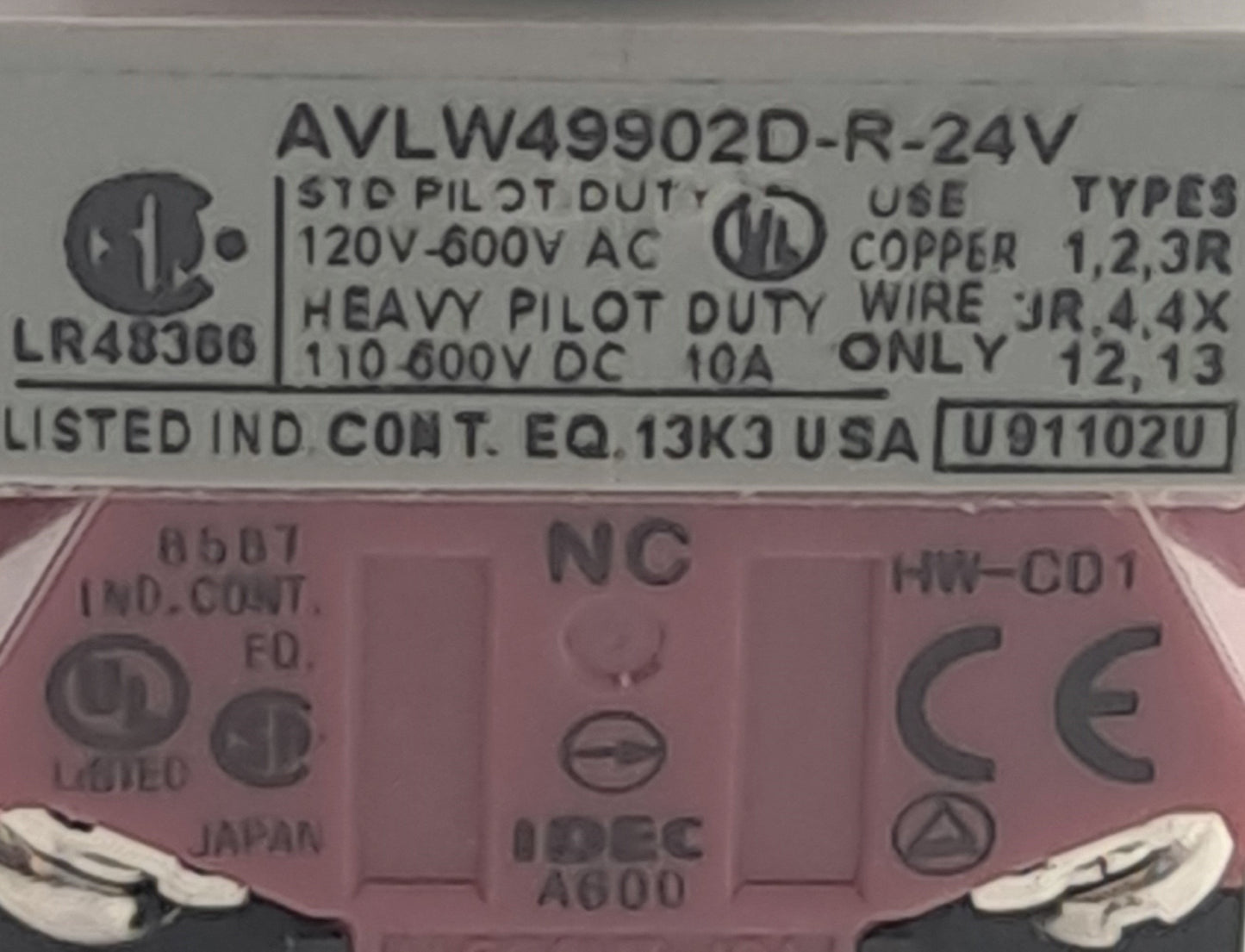 Used Idec AVLW49902D-R-24V Red LED Pushbutton, 24V AC/DC, 2NC 10A Contact Block