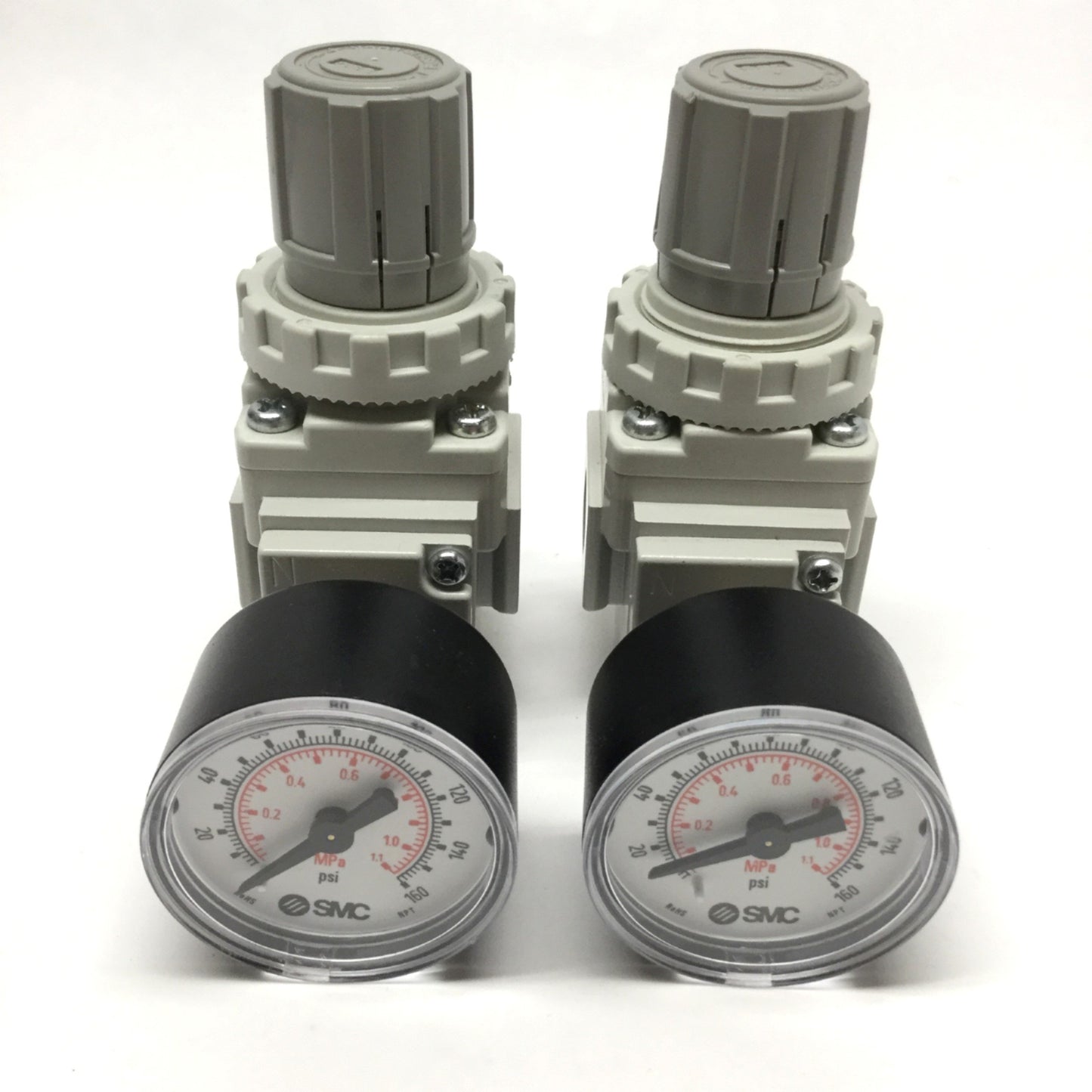 New – Open box Lot of 2 SMC AR20K-N02-RZ-B Pressure Regulators w/Backflow, 7-125psi, 1/4" NPT