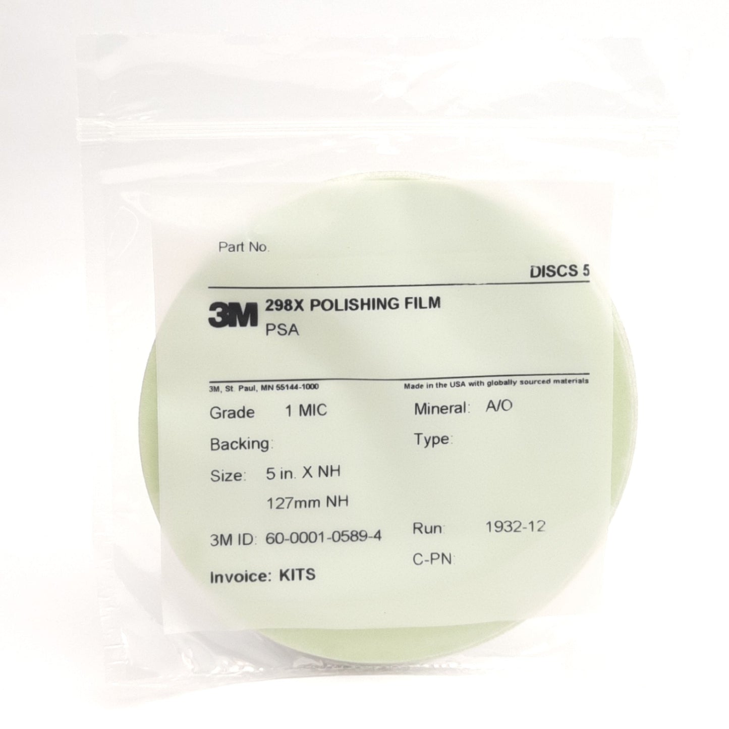 New Lot of 5 3M 298X Polishing Film Disc Grade: 1MIC, 5" Diameter, Light Green