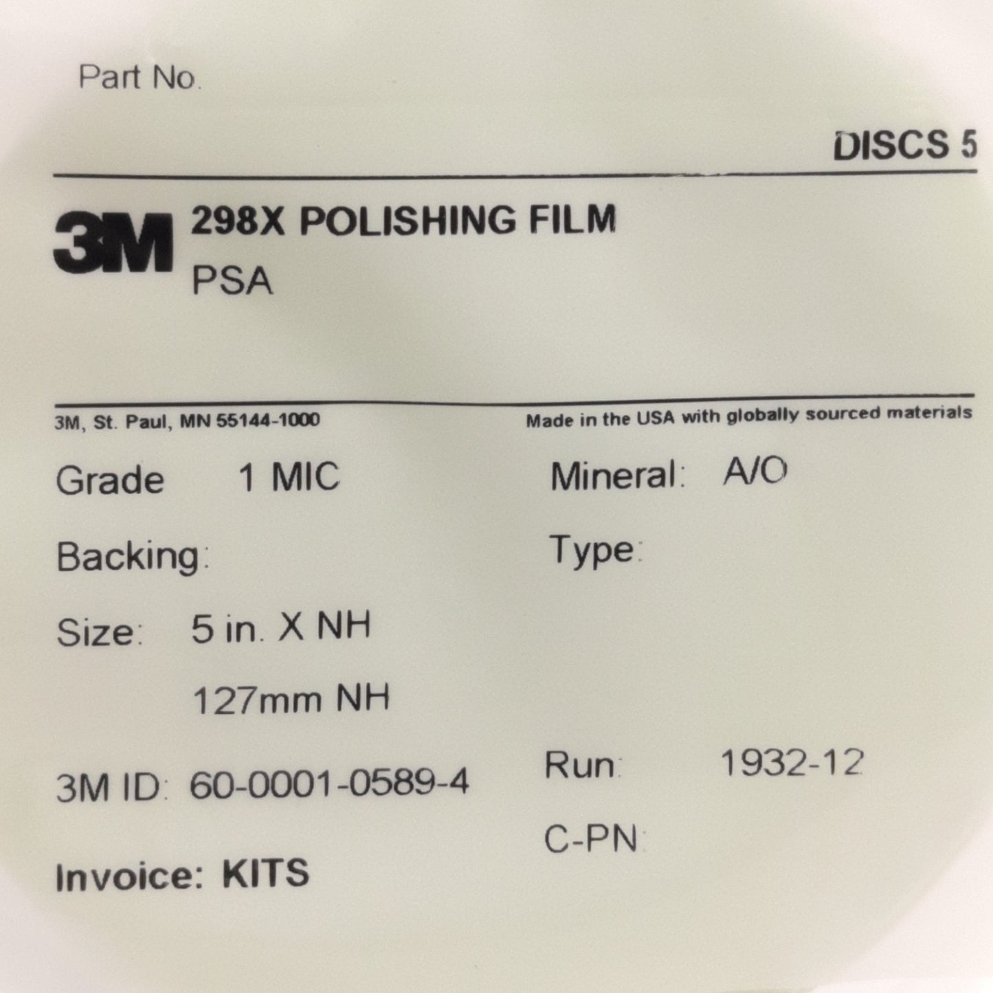 New Lot of 5 3M 298X Polishing Film Disc Grade: 1MIC, 5" Diameter, Light Green