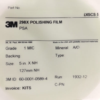 New Lot of 5 3M 298X Polishing Film Disc Grade: 1MIC, 5" Diameter, Light Green