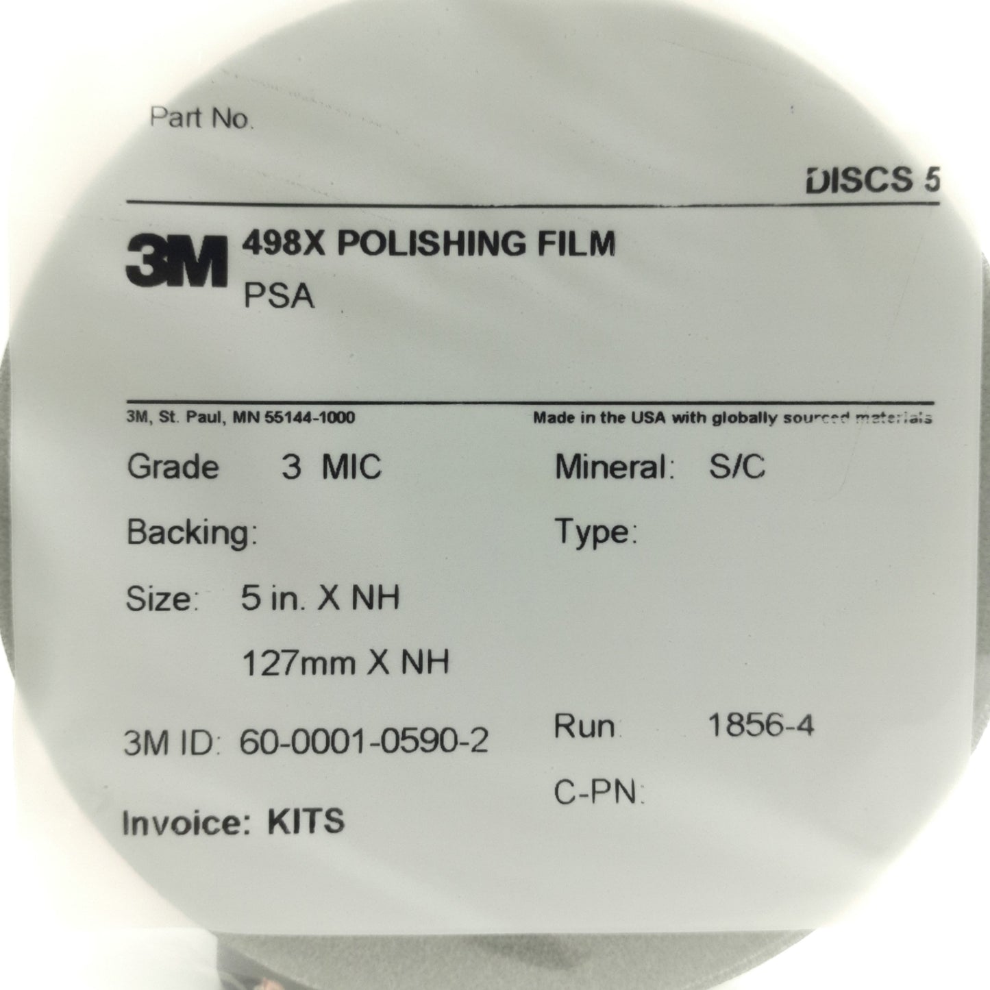 New Lot of 5 3M 498X Polishing Film Disc Grade: 3Mic, 5" Diameter, 60-0001590-2