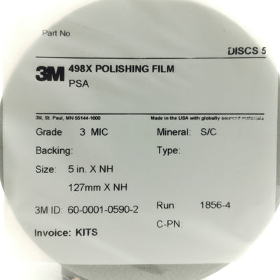 New Lot of 5 3M 498X Polishing Film Disc Grade: 3Mic, 5" Diameter, 60-0001590-2