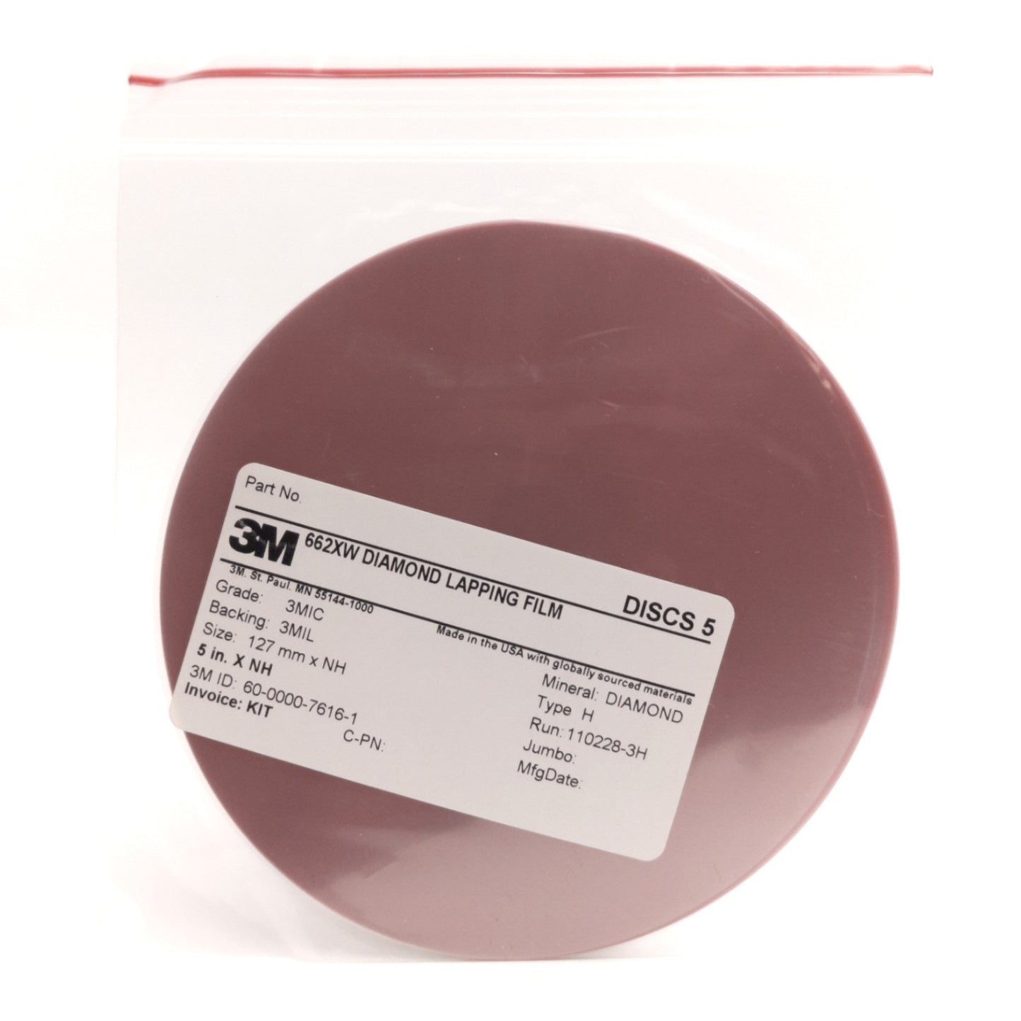 New Lot of 5 3M 662XW Diamond Lapping Film, Grade: 3Mic, 5" Diameter, 60-0000-7616-1