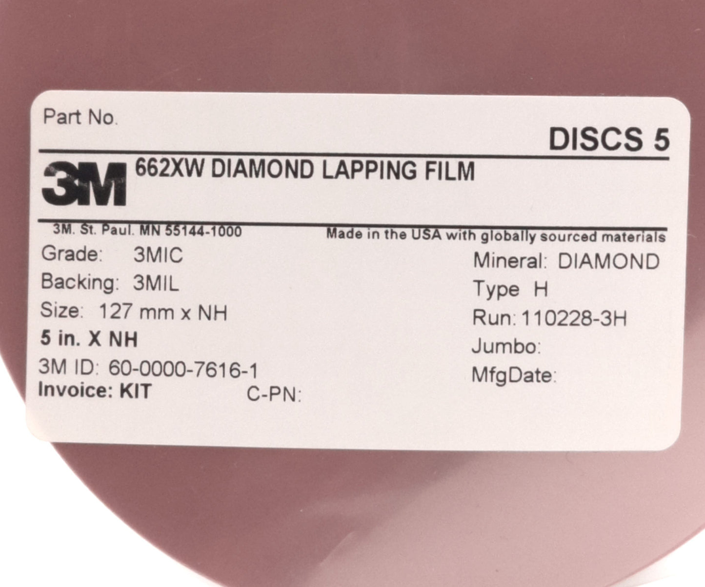 New Lot of 5 3M 662XW Diamond Lapping Film, Grade: 3Mic, 5" Diameter, 60-0000-7616-1