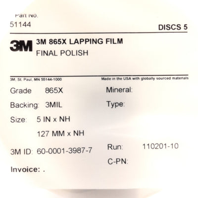 New Lot of 5 3M 865X Final Polish Film, Grade: 865X, 5" Diameter, 60-0001-3987-7