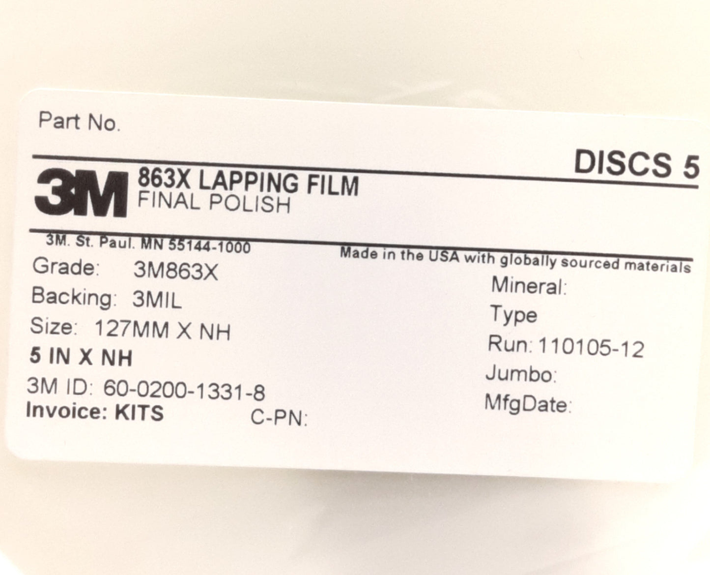 New Lot of 5 3M 863X Final Polish Film Grade: 3M863X, 5" Diameter, 60-0200-1331-8
