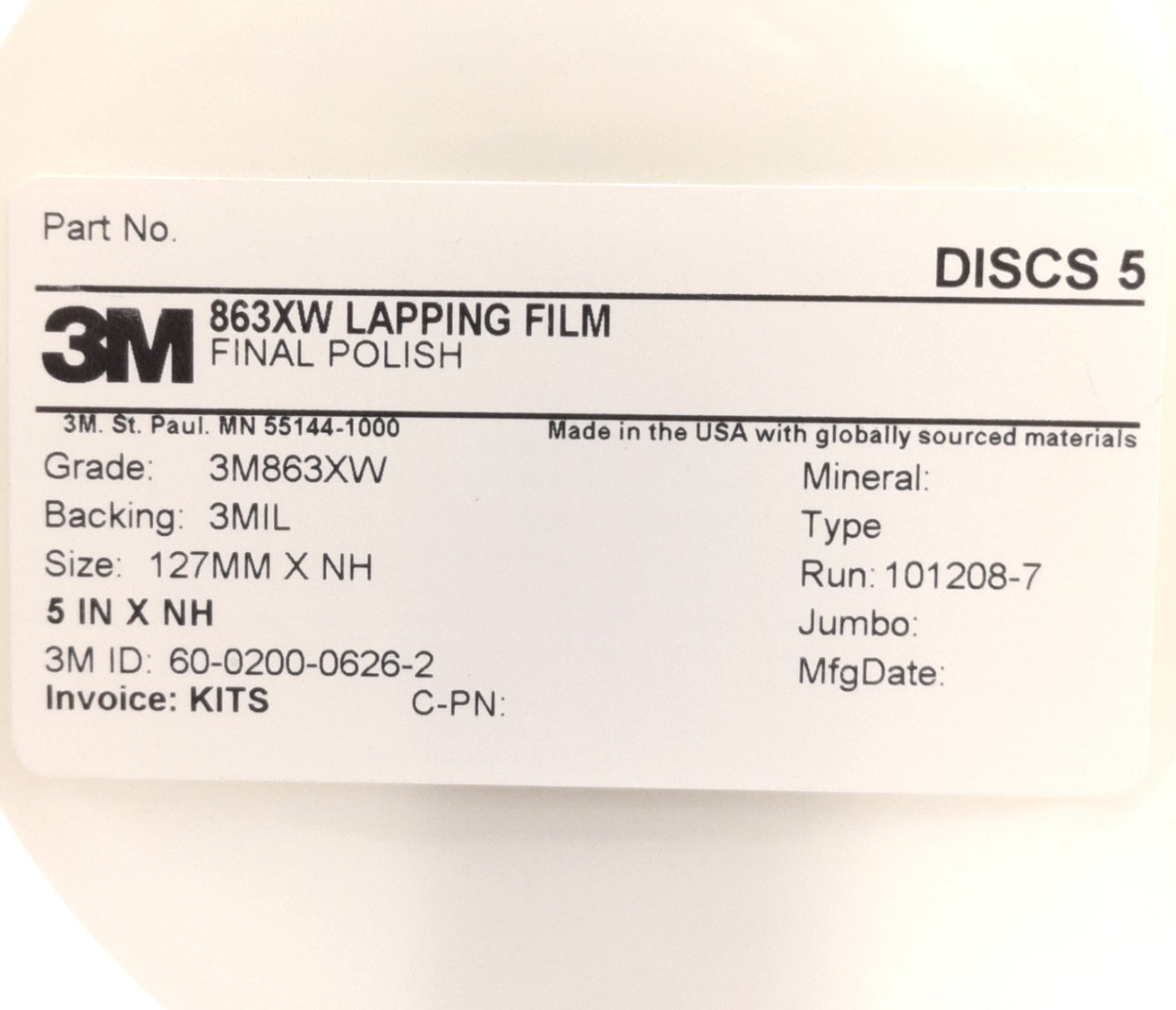 New Lot of 5 3M 863XW Final Polish Film, Grade: 3M863XW, 5" Diameter, 60-0200-0626-2