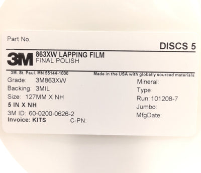 New Lot of 5 3M 863XW Final Polish Film, Grade: 3M863XW, 5" Diameter, 60-0200-0626-2