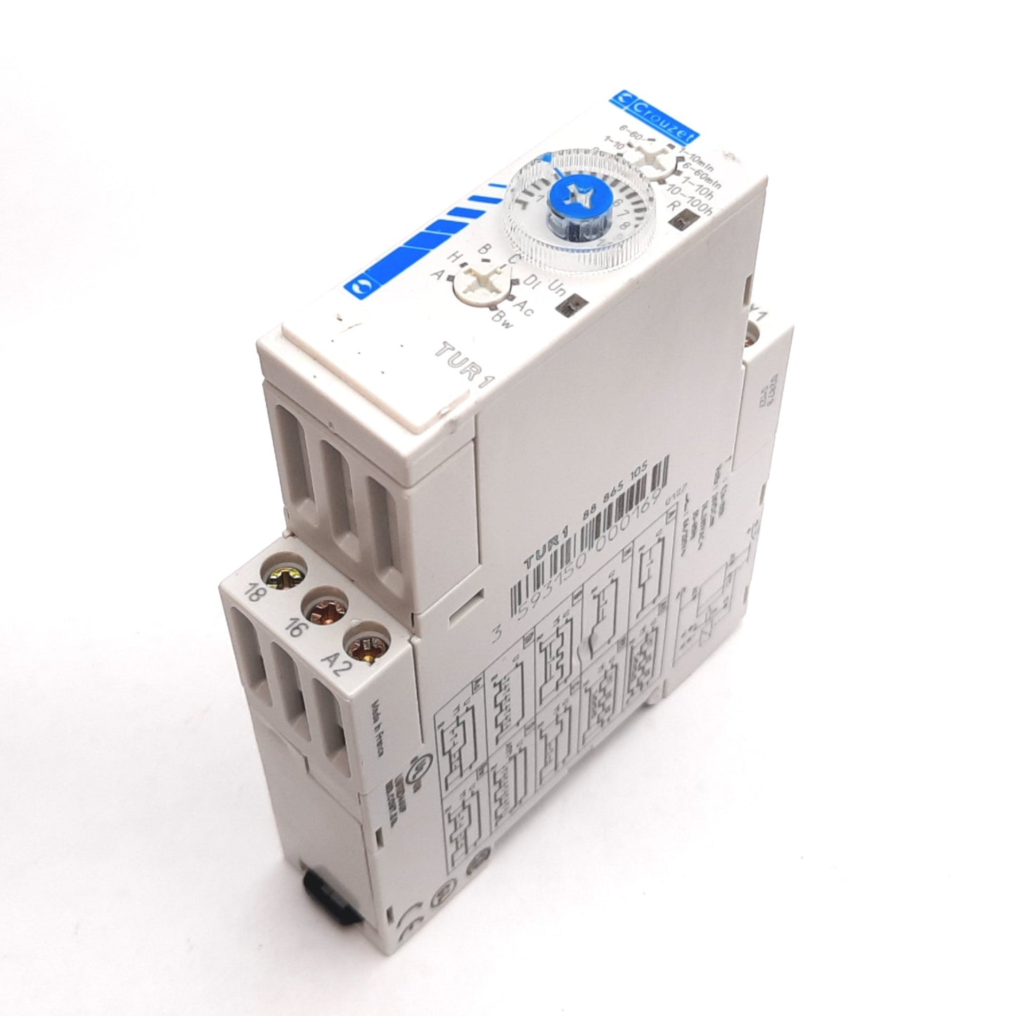 Used Crouzet TUR1 88865105 Timer Relay, 0.1s to 100hr, Control: 24VDC/24-240VAC