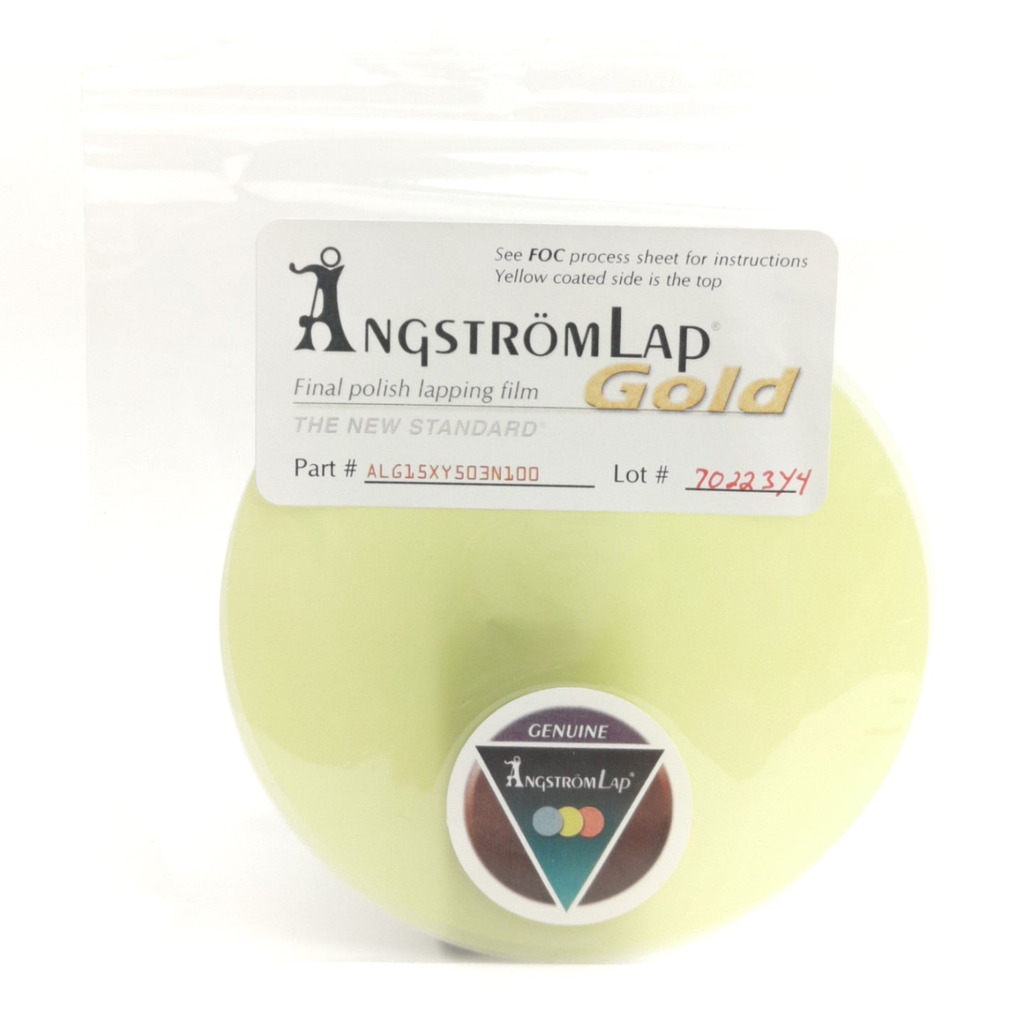 Used Lot of 3 Angstrom ALG15XY503N100 Final Polish Film, Grade: Gold1/Yellow, 5" Dia