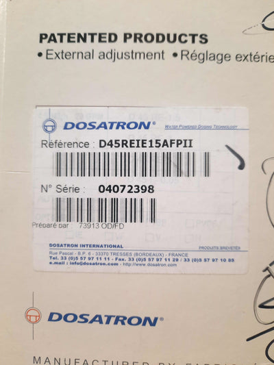 New – Open box Dosatron D45REIE15AFP PVDF Dosing Pump, .4-20GPM, 1:500-1:66, 7-70psi, 7-14PF