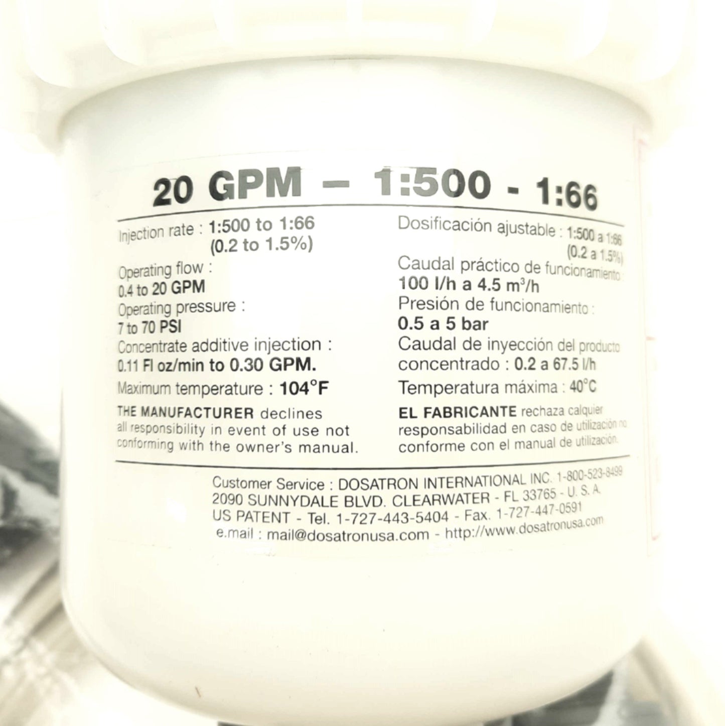 New – Open box Dosatron D45REIE15AFP PVDF Dosing Pump, .4-20GPM, 1:500-1:66, 7-70psi, 7-14PF