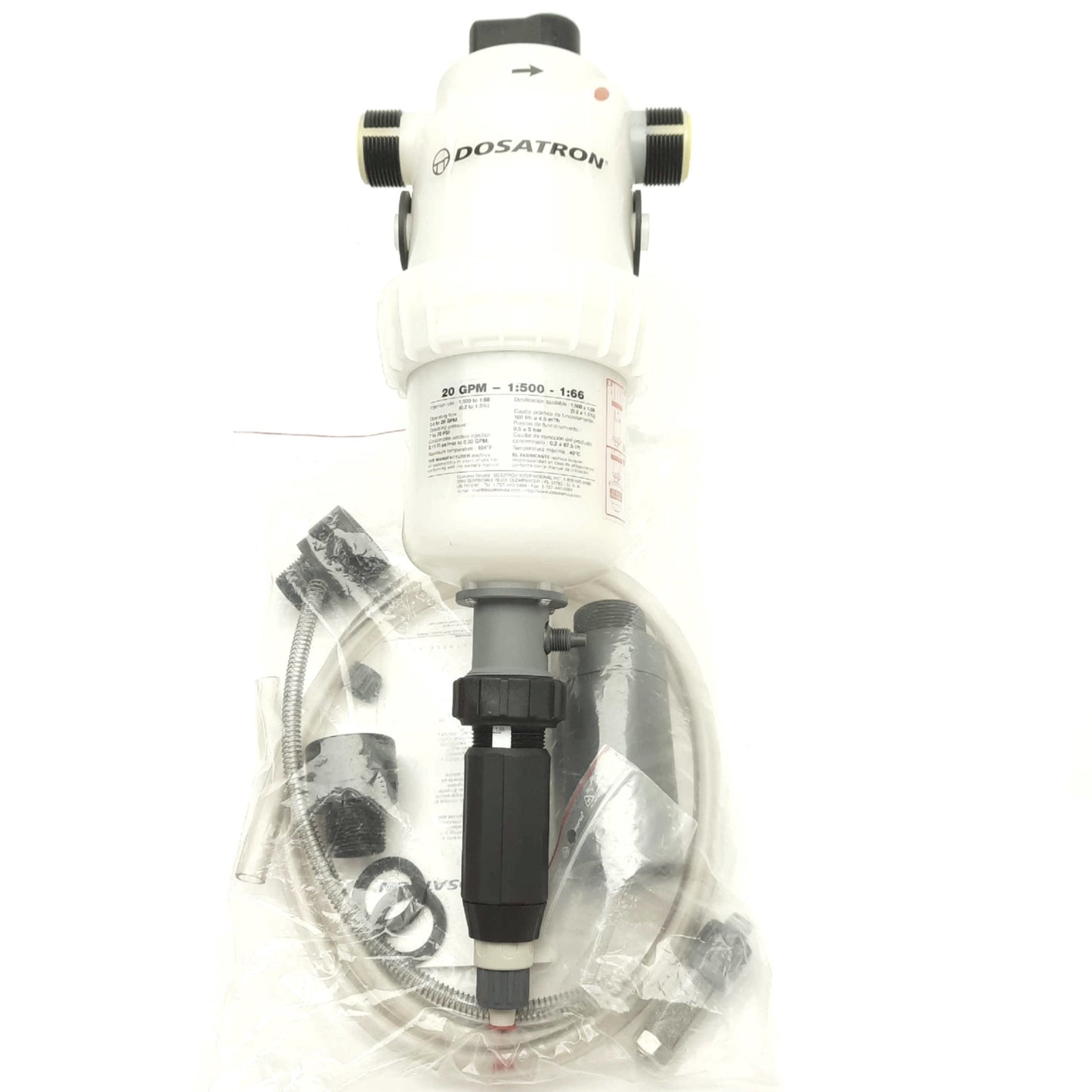 New – Open box Dosatron D45REIE15AFP PVDF Dosing Pump, .4-20GPM, 1:500-1:66, 7-70psi, 7-14PF