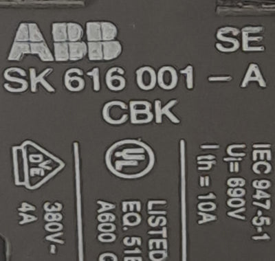 Used ABB SK 616 001-A, SK616 001-B Contact Blocks w/ Push & Twist E-Stop Button, 380V