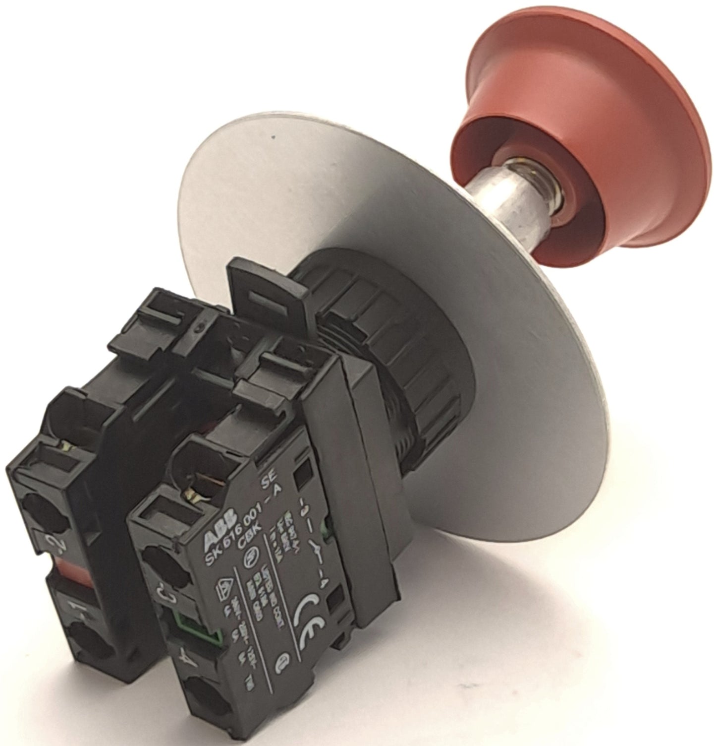 Used ABB SK 616 001-A, SK616 001-B Contact Blocks w/ Push & Twist E-Stop Button, 380V