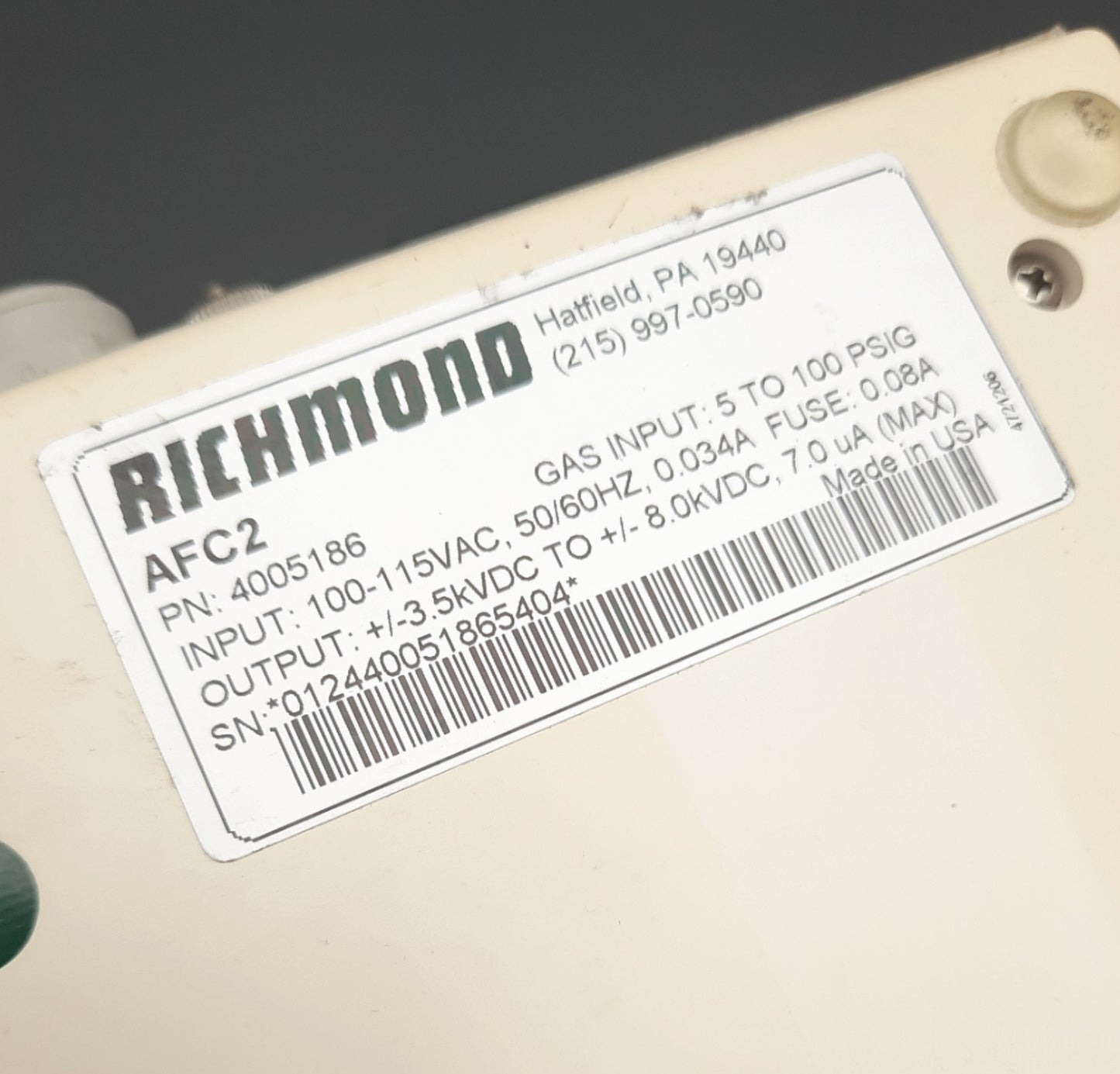 Used Simco Richmond AFC2 4005186 Air Flow Controller Power Supply 115 VAC at 50-60 Hz