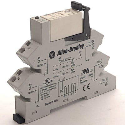 Used Allen Bradley 700-TBR224, 700-HLT22 Relay In Socket, DPDT, 24VDC Coil, 10A 24VDC