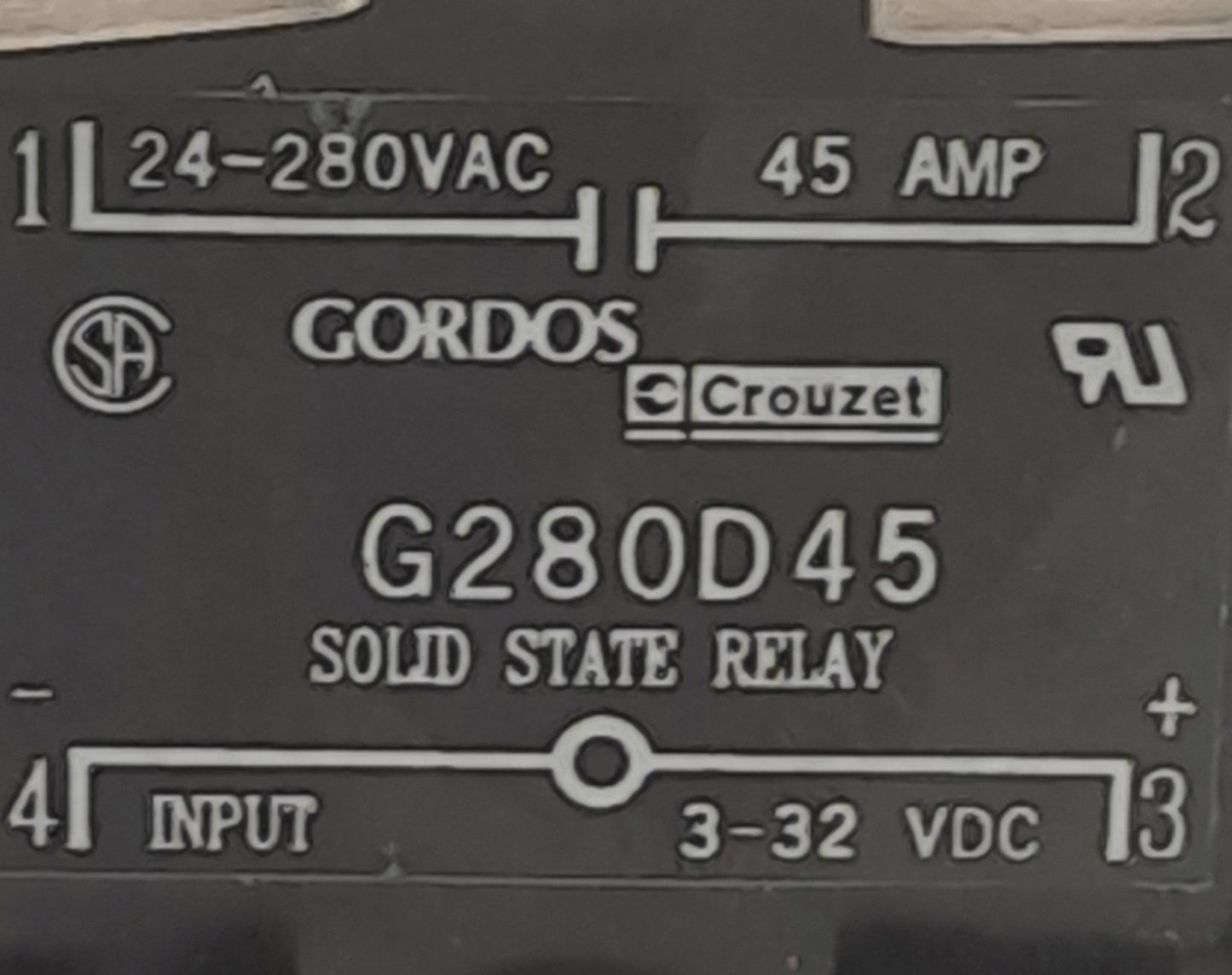 Used Gordos G280D45 Solid State Relay, 4-Pole, Control: 3-32VDC, Contact: 280VAC 45A