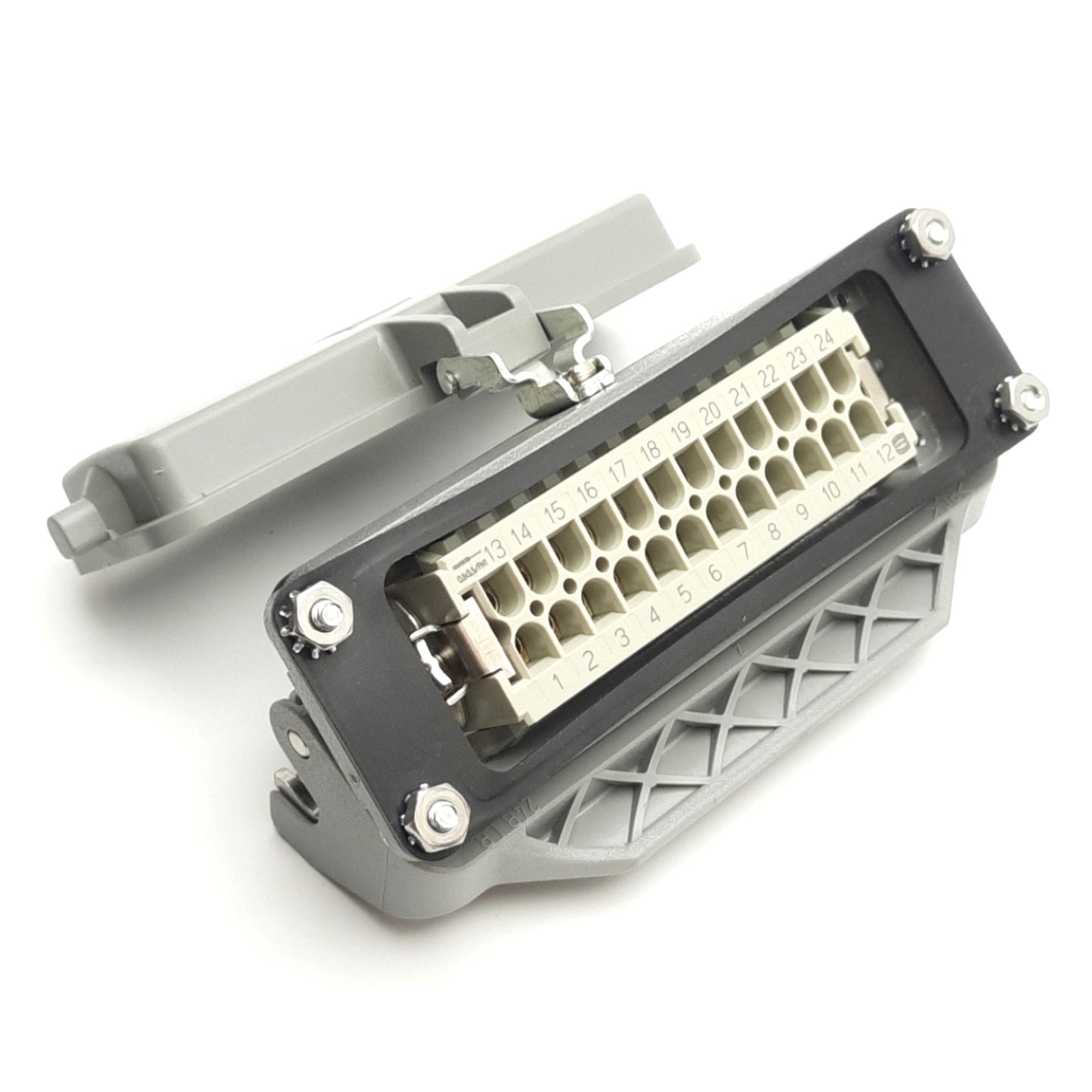 Used Harting Han 24 E-F Female Connector 24 Pin, 500V 15A w/ Plastic Latch Housing
