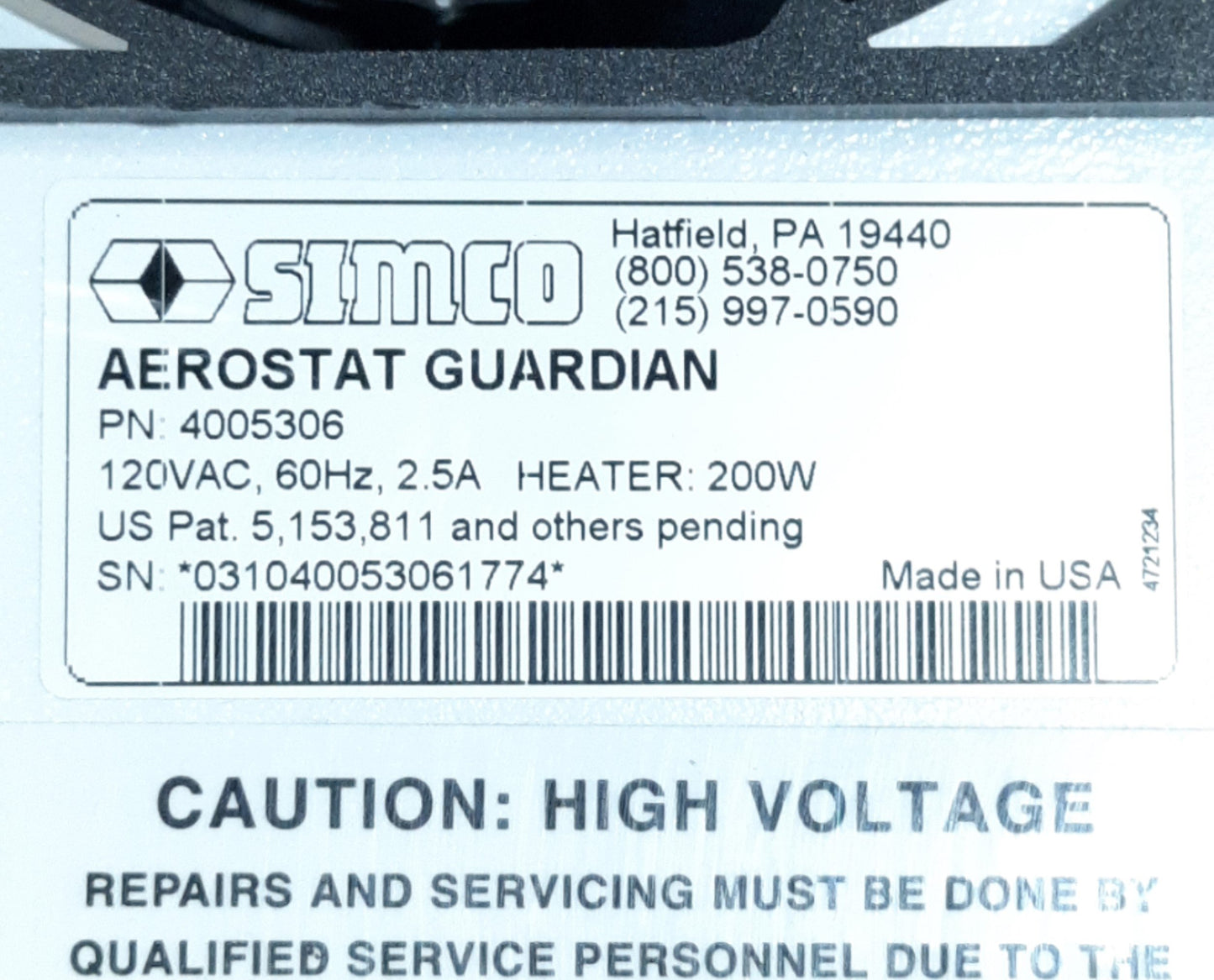Used Simco 4005306 Aerostat Guardian Ionizing Air Fan 120V AC 2.5A, 200W Heater