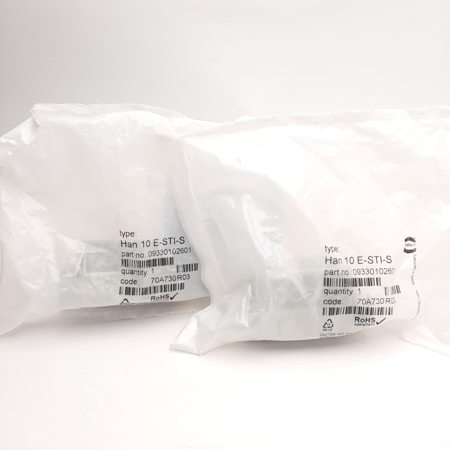 New Lot of 2 Harting 09330102601 HAN 10E-STI-S Male Connectors, 10-Pin, 500V 16A