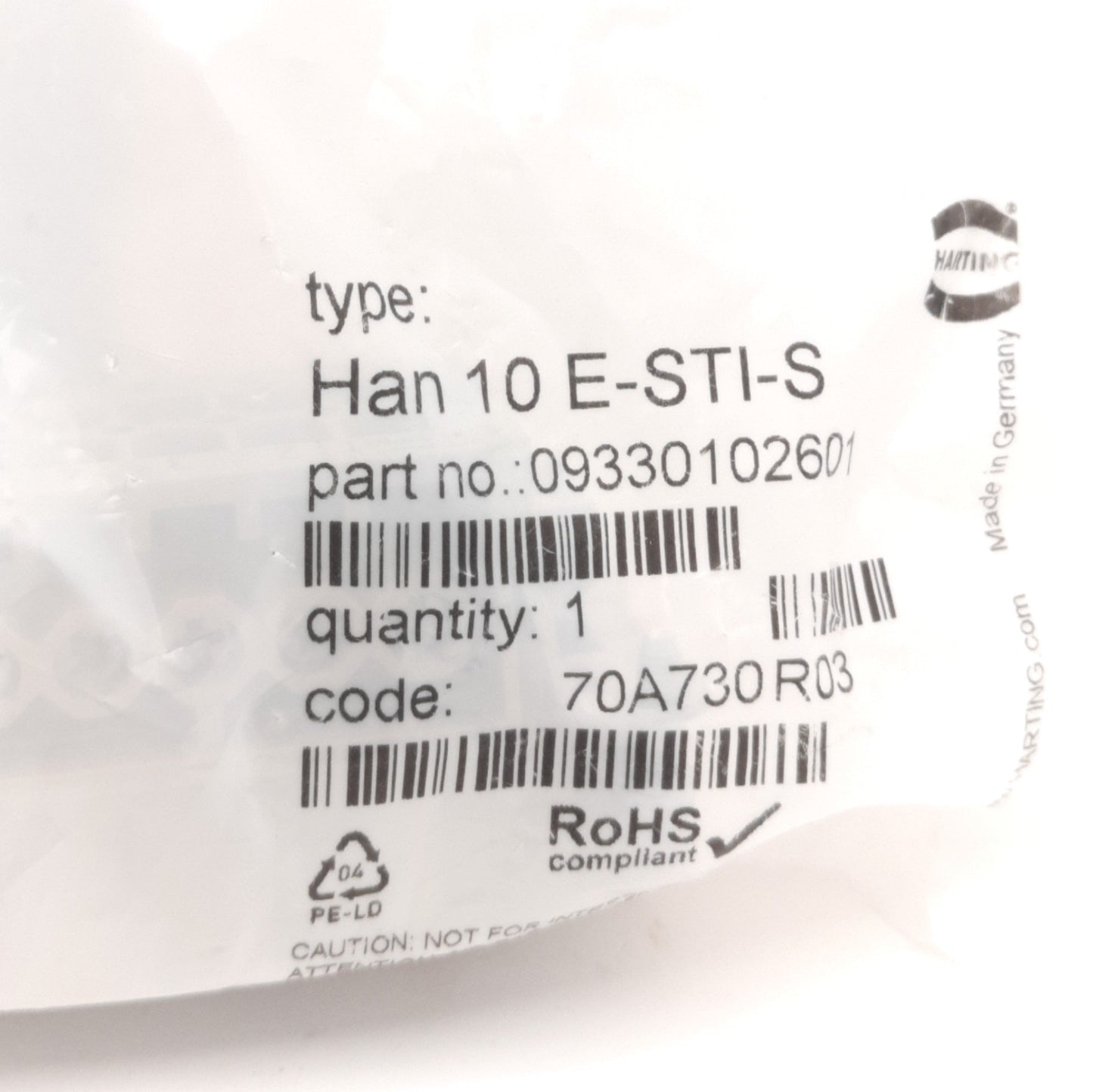 New Lot of 2 Harting 09330102601 HAN 10E-STI-S Male Connectors, 10-Pin, 500V 16A