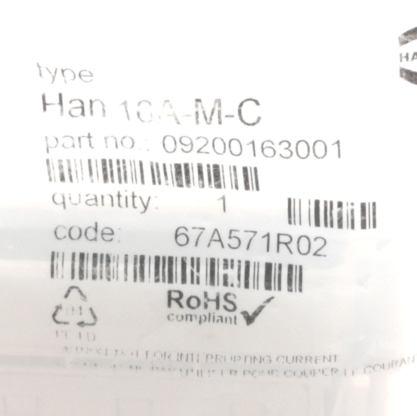 New Harting 09200163001 Han 16A-M-C Female Connector, 16A, 16 Contacts, 250V 16A