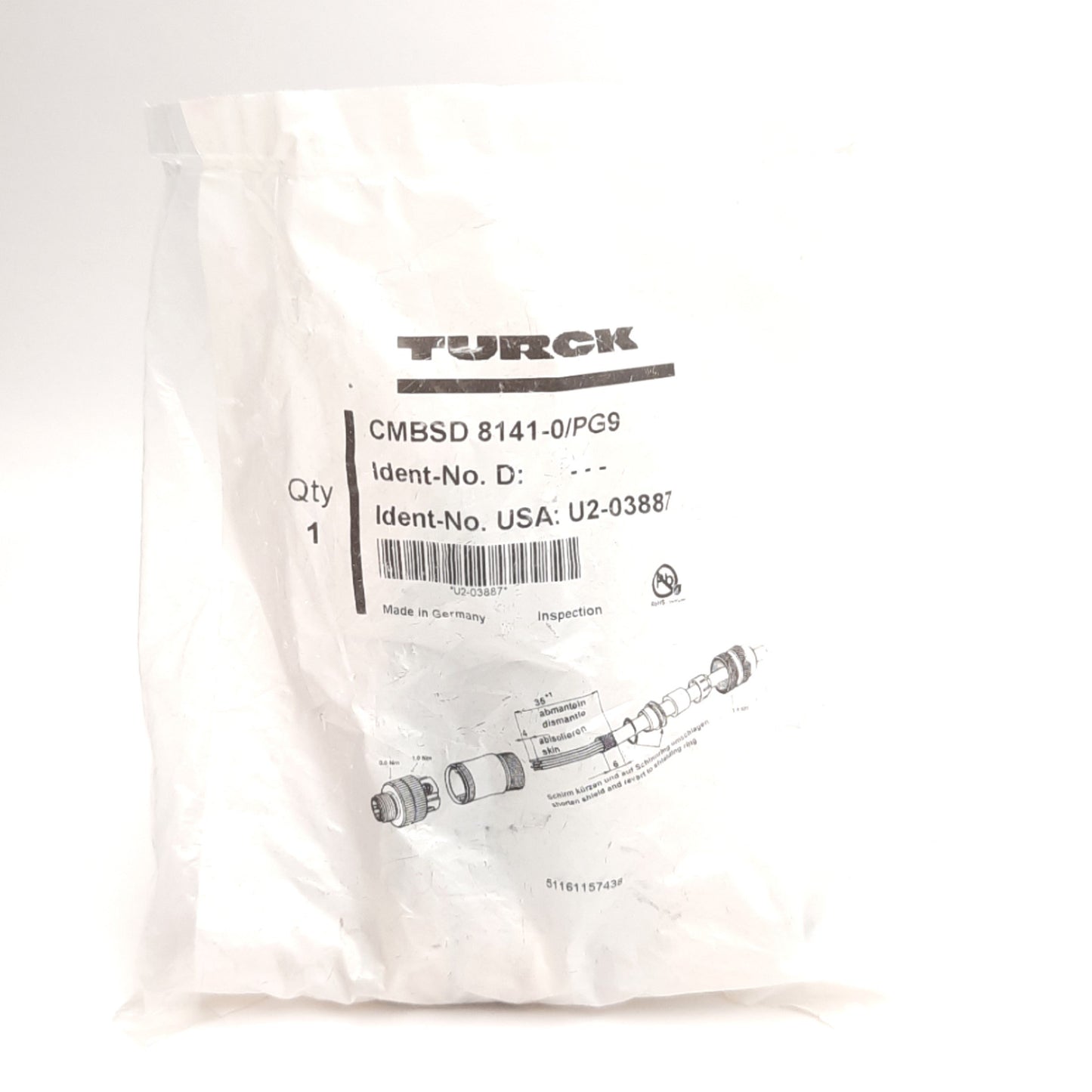 New Turck CMBSD 8141-0/PG9 U2-03887 Field Wireable Ethernet, M12 4-Pin Male, 250V 4A