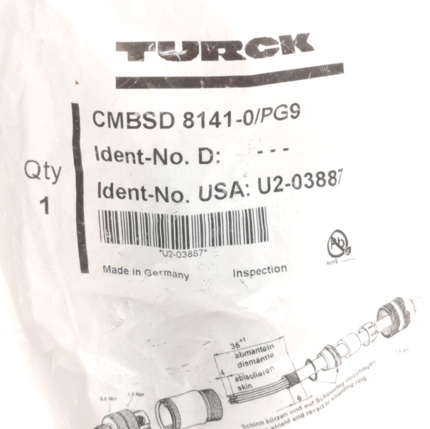 New Turck CMBSD 8141-0/PG9 U2-03887 Field Wireable Ethernet, M12 4-Pin Male, 250V 4A