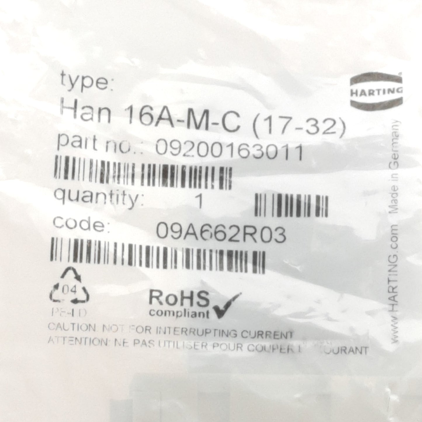 New Harting 16A-M-C (17-32) / 09200163011 Male Insert 32 Position + PE, 250V 32A