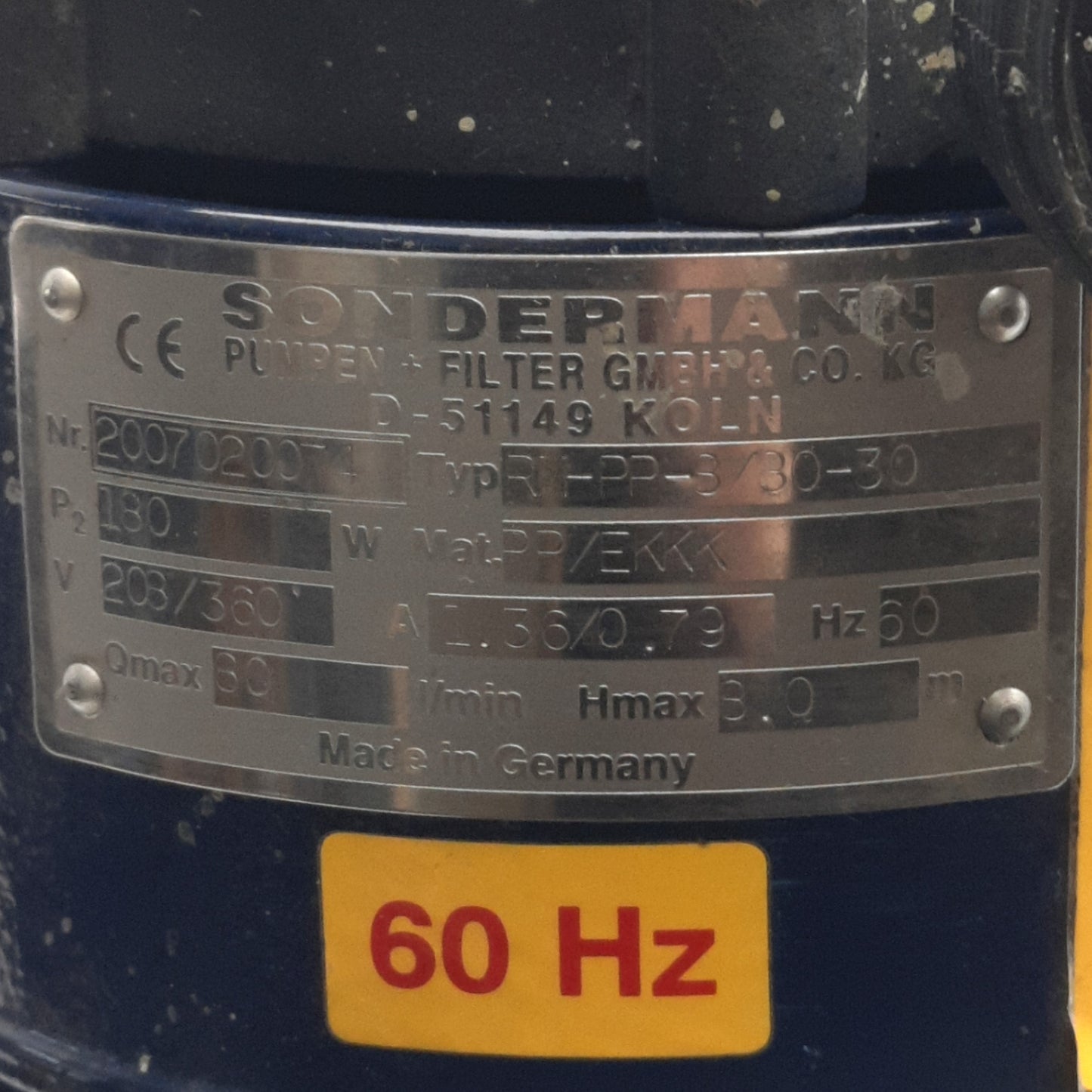 Used Sondermann RM-PP-8/80-30 Magnetic Drive Pump 8m Head 80l/min Ø3 230/400VAC 60Hz