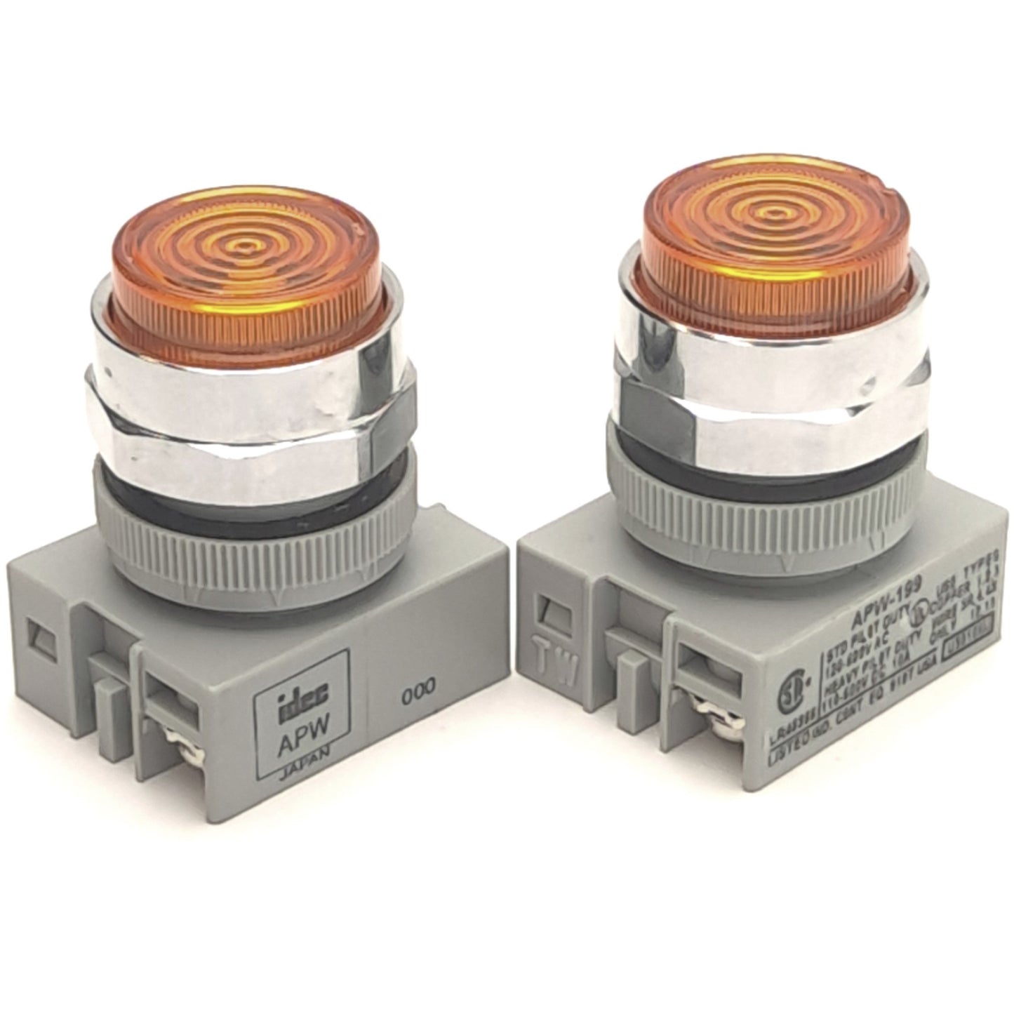 Used Lot of 2 Idec APW199-A-120V Pilot Light, 120VAC/DC, 10A, 22mm Size, Amber Lens