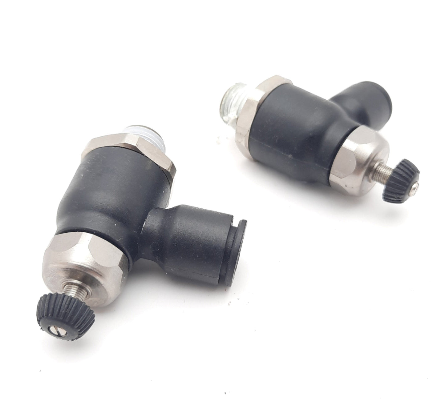 Used Lot of 2 Parker Legris 70656014 Compact Flow Control Valve 1/4" NPT, 3/8" P2C
