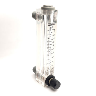 Used Blue-White F-55200L Flow Meter, 2-20LPM/0.5-5GPM, 1/2" NPT, 100mm Scale