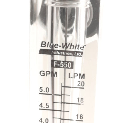 Used Blue-White F-55200L Flow Meter, 2-20LPM/0.5-5GPM, 1/2" NPT, 100mm Scale