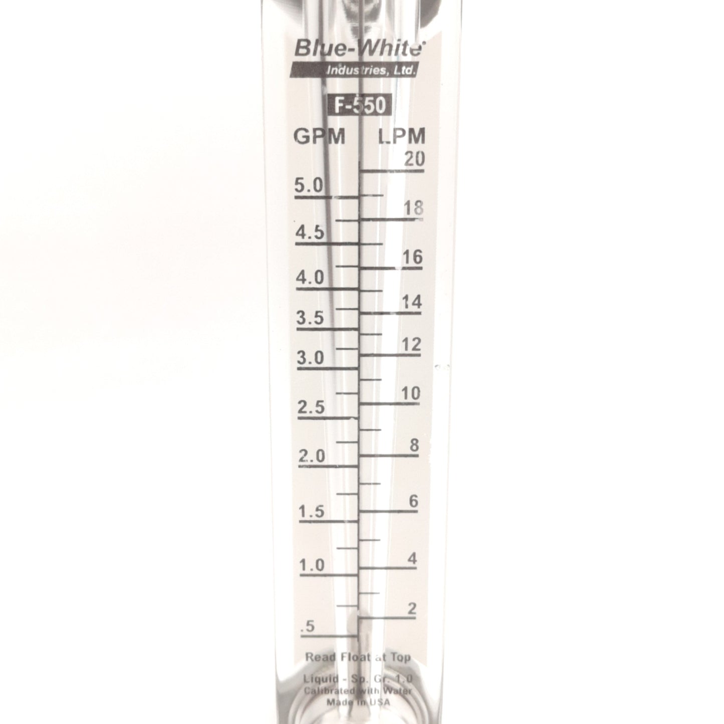 Used Blue-White F-55200L Flow Meter, 2-20LPM/0.5-5GPM, 1/2" NPT, 100mm Scale