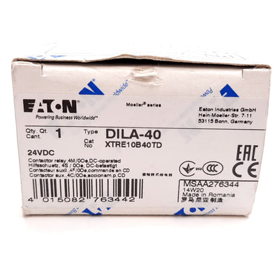 New Eaton DILA-40 Contactor, 4-Pole, Coil: 24VDC, Rating: 16A 600VAC 250VDC