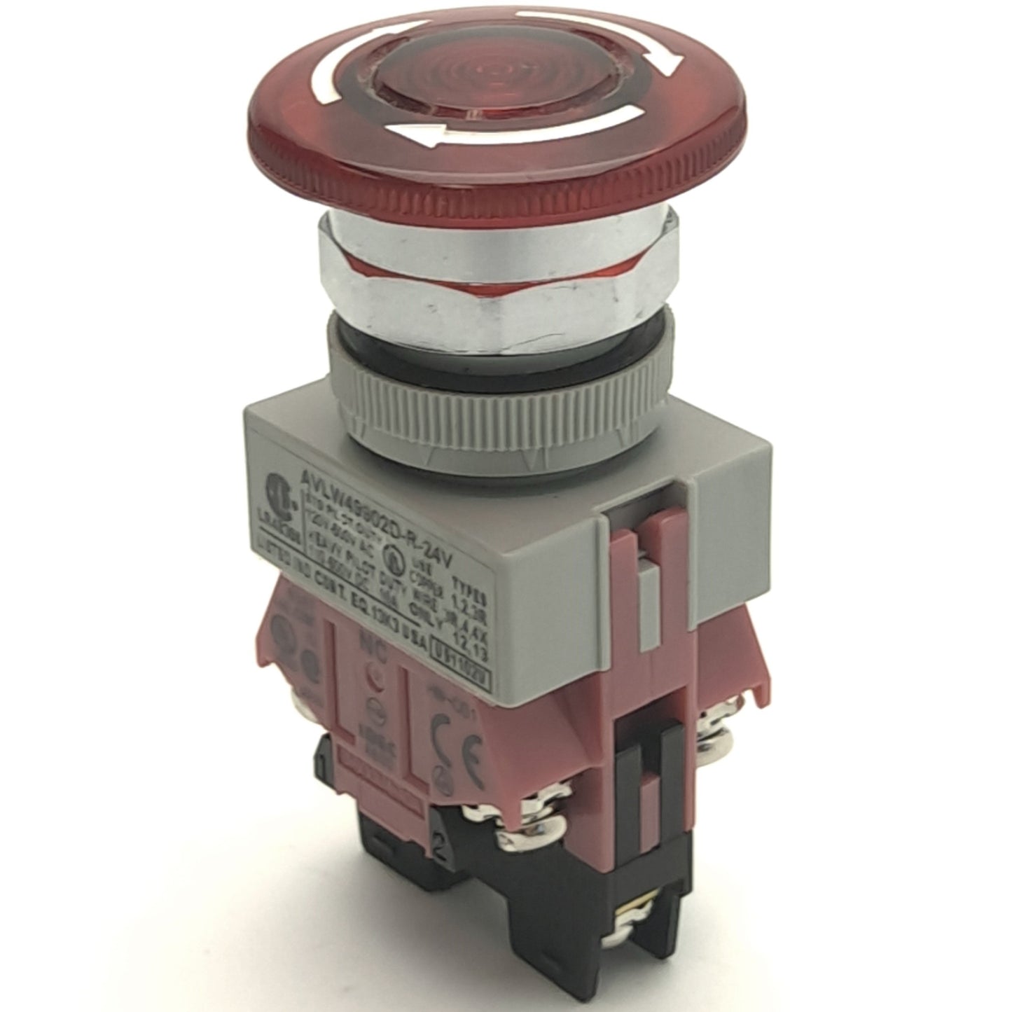 Used Idec AVLW49902D-R-24V Red LED Pushbutton, 24V AC/DC, 10A, 2NC Contact Block