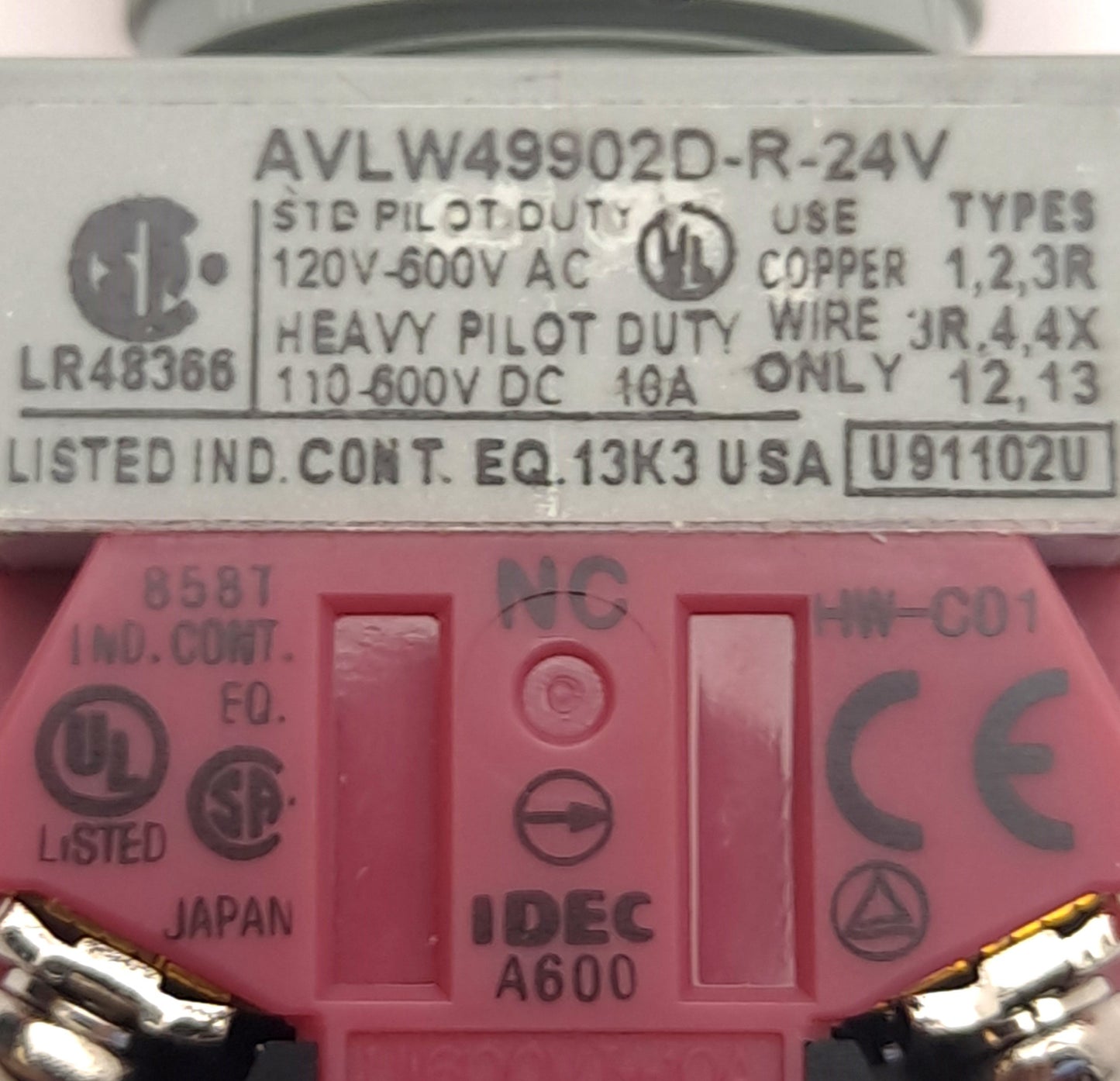 Used Idec AVLW49902D-R-24V Red LED Pushbutton, 24V AC/DC, 10A, 2NC Contact Block