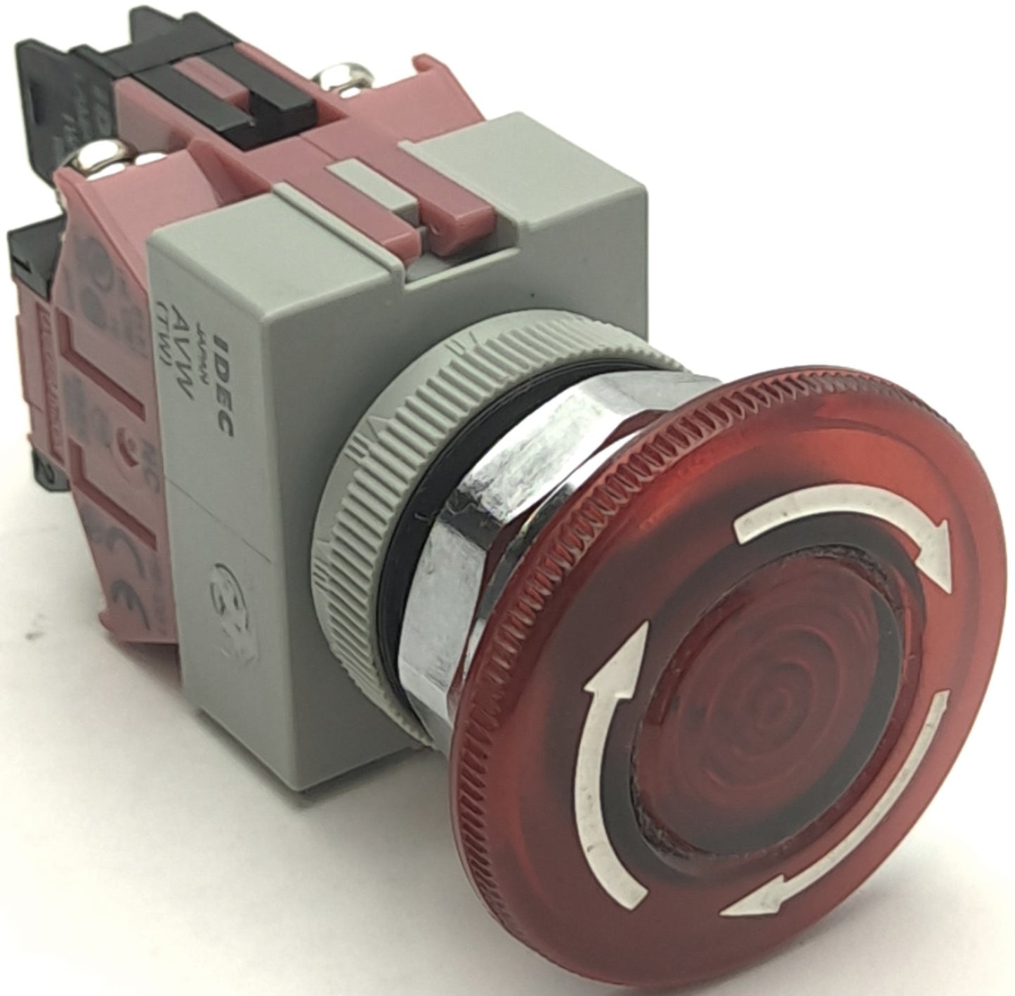 Used Idec AVLW49902D-R-24V Red LED Pushbutton, 24V AC/DC, 10A, 2NC Contact Block