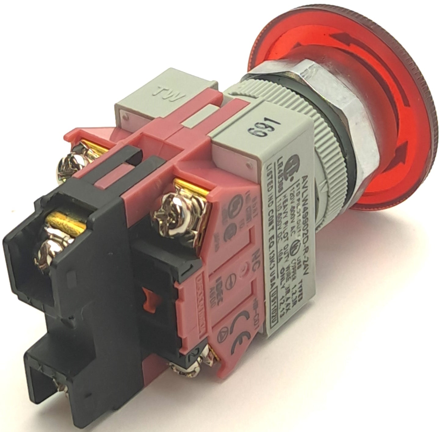 Used Idec AVLW49902D-R-24V Red LED Pushbutton, 24V AC/DC, 10A, 2NC Contact Block
