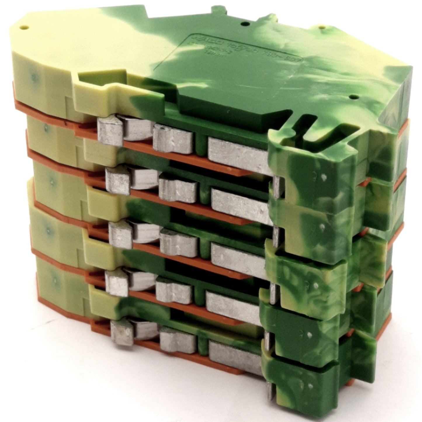Used Lot of 5 WAGO 783-607 Green and Yellow Terminal Block w/ Plate, 2-Pole, 6-24AWG